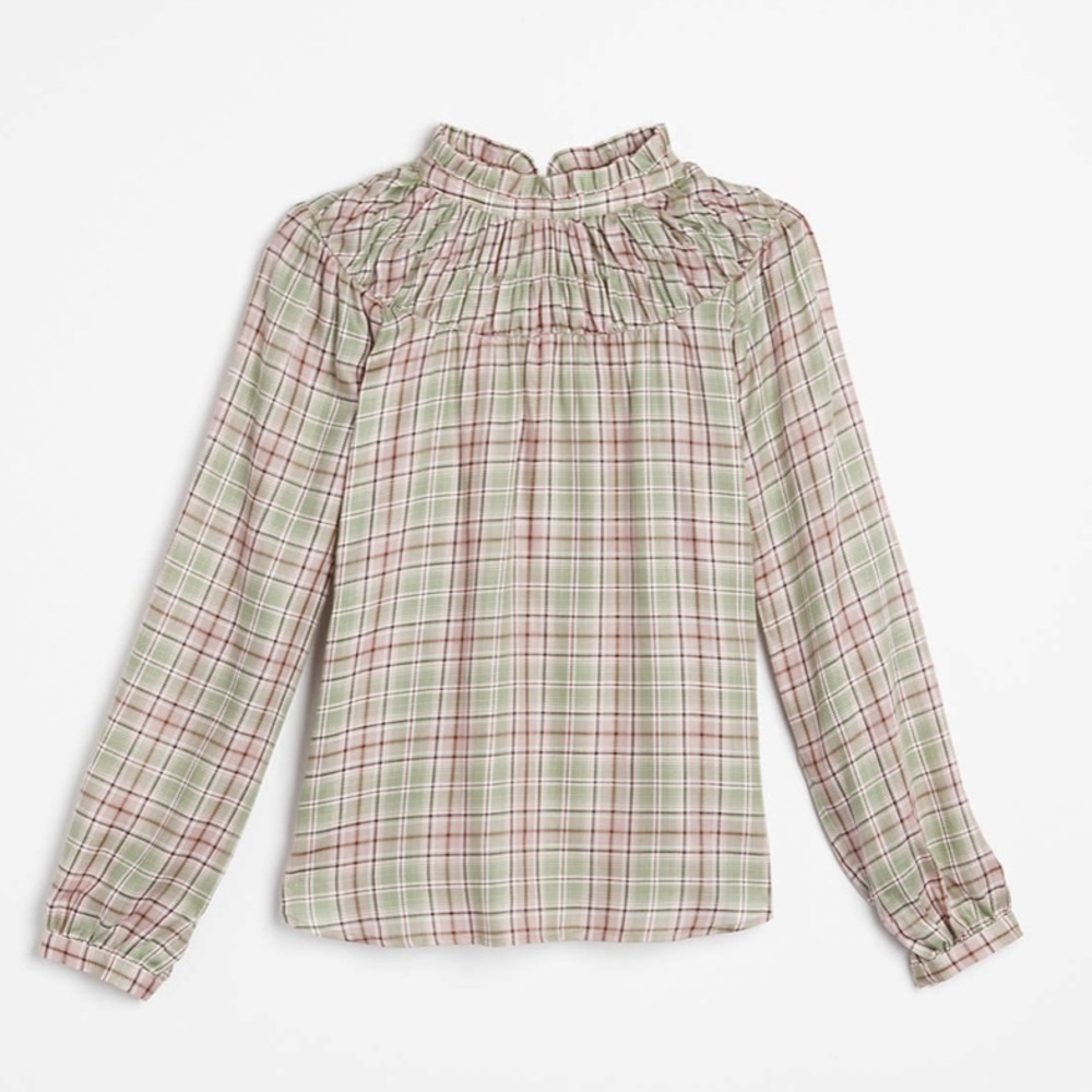 Loft Plaid Ruffle Neck Blouse XS NWT $60